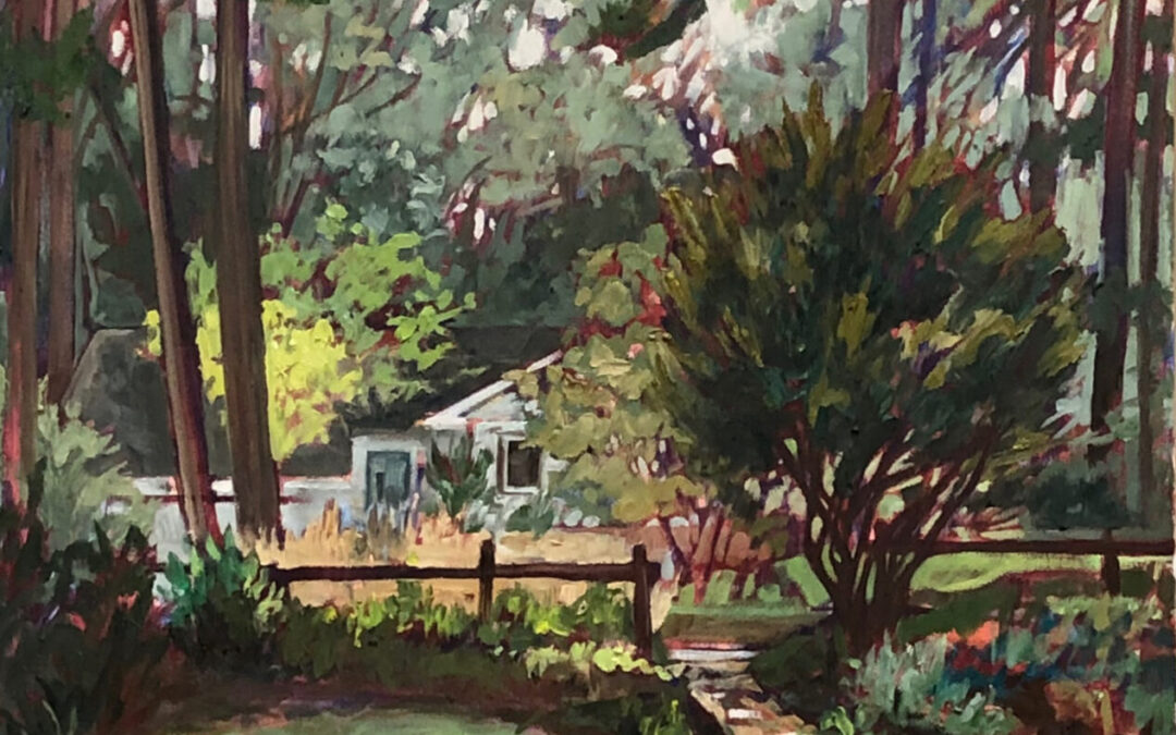 Emily Eve Weinstein – Front Yard with Cat Statue 48x24x2 Oil on Canvas
